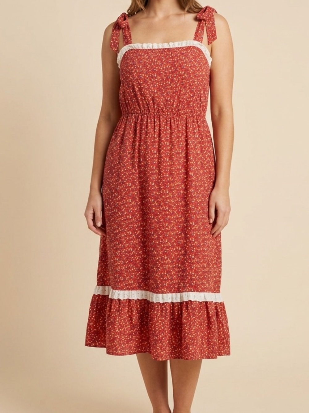 Sears Lace Red Floral Tie-Shoulder Midi Dress Size Large